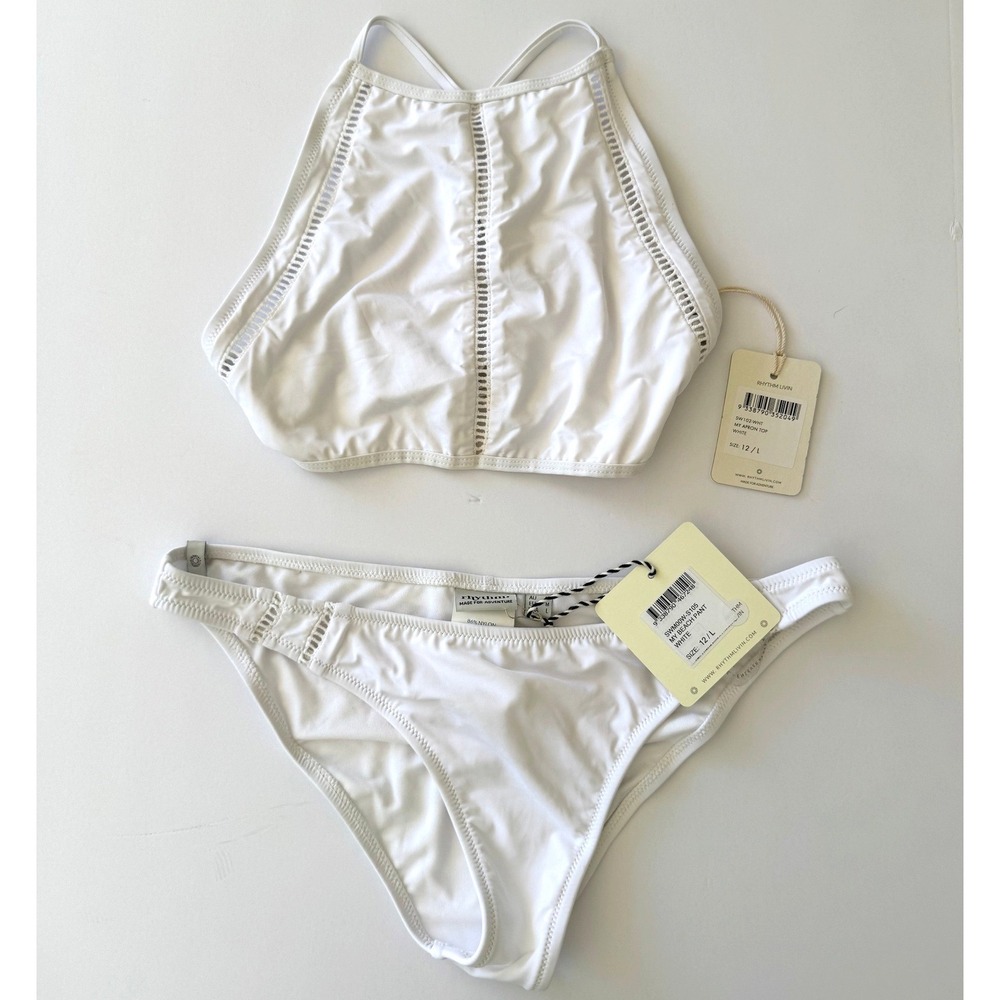 NWT Rhythm White High Neck Halter Hipster Cutout Bottom Size Large Coastal Boho